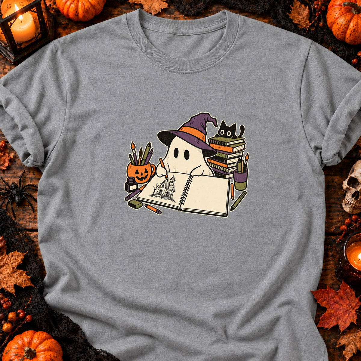 Fantôme dessinateur et carnet vide — T-shirt gris chiné