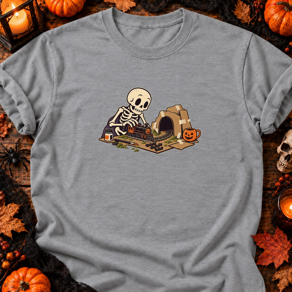 Squelette et train miniature — T-shirt gris chiné