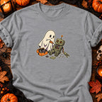 Fantôme réparant un robot — T-shirt gris chiné