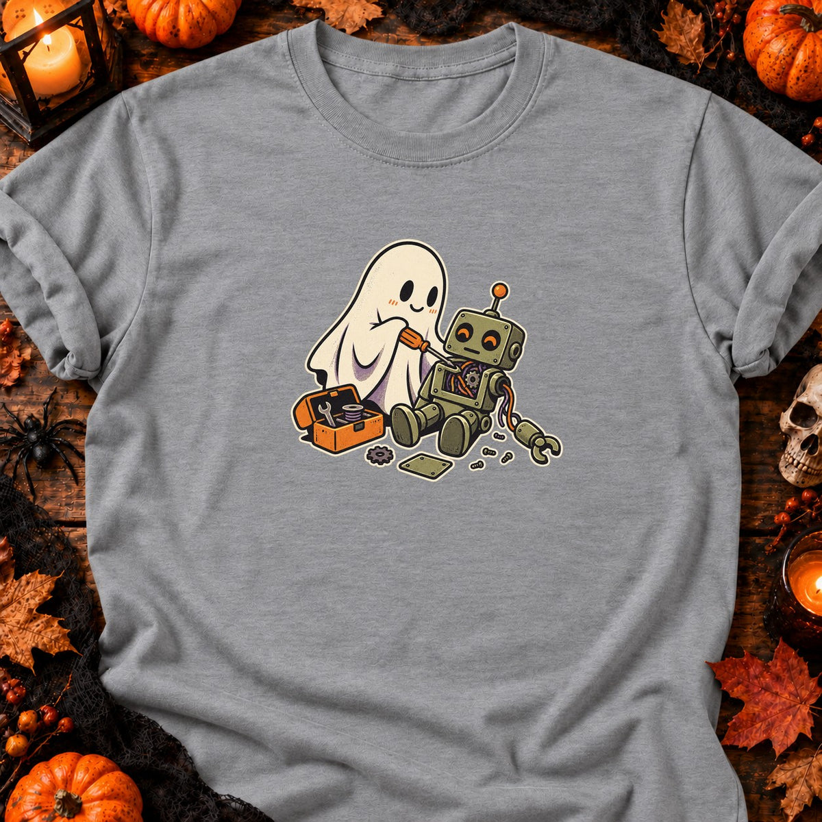Fantôme réparant un robot — T-shirt gris chiné
