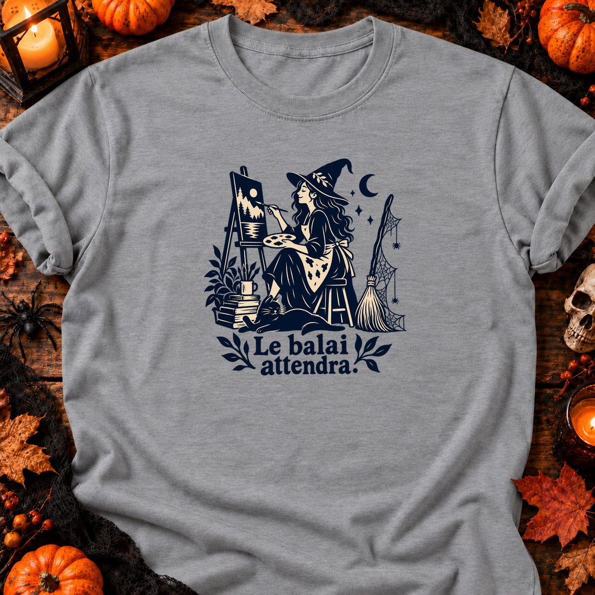 Sorcière artiste — Le balai attendra — T-shirt gris chiné