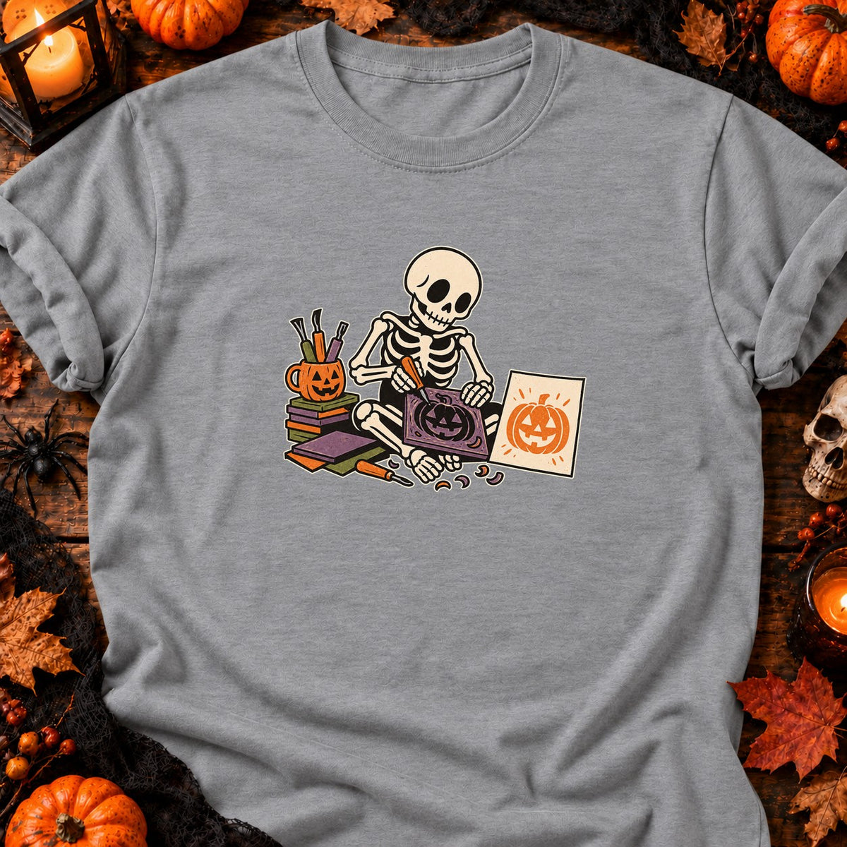 Squelette graveur de citrouille — T-shirt gris chiné