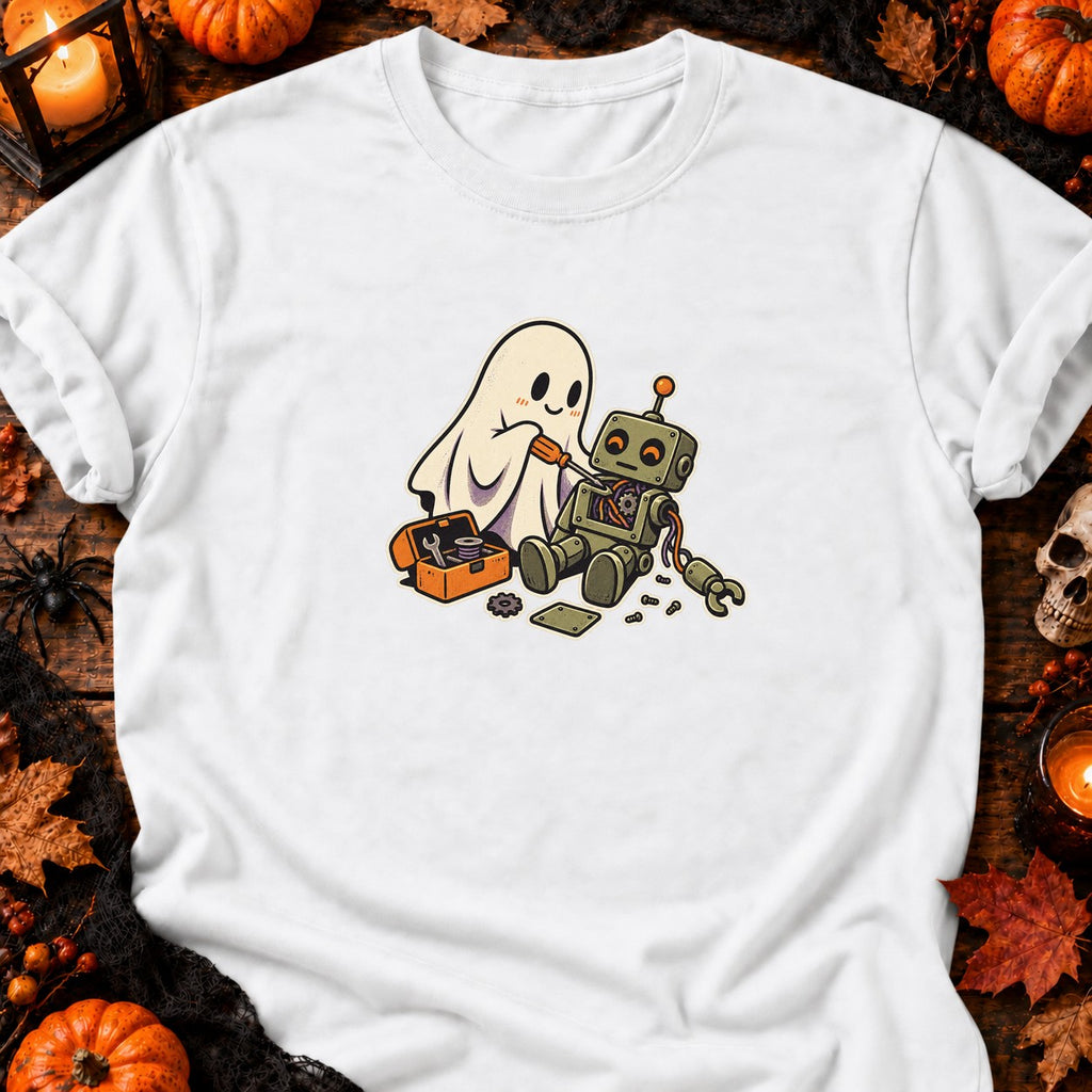 Fantôme réparant un robot — T-shirt blanc