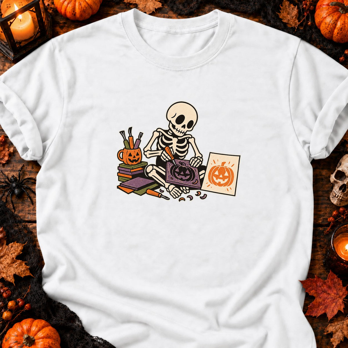 Squelette graveur de citrouille — T-shirt blanc