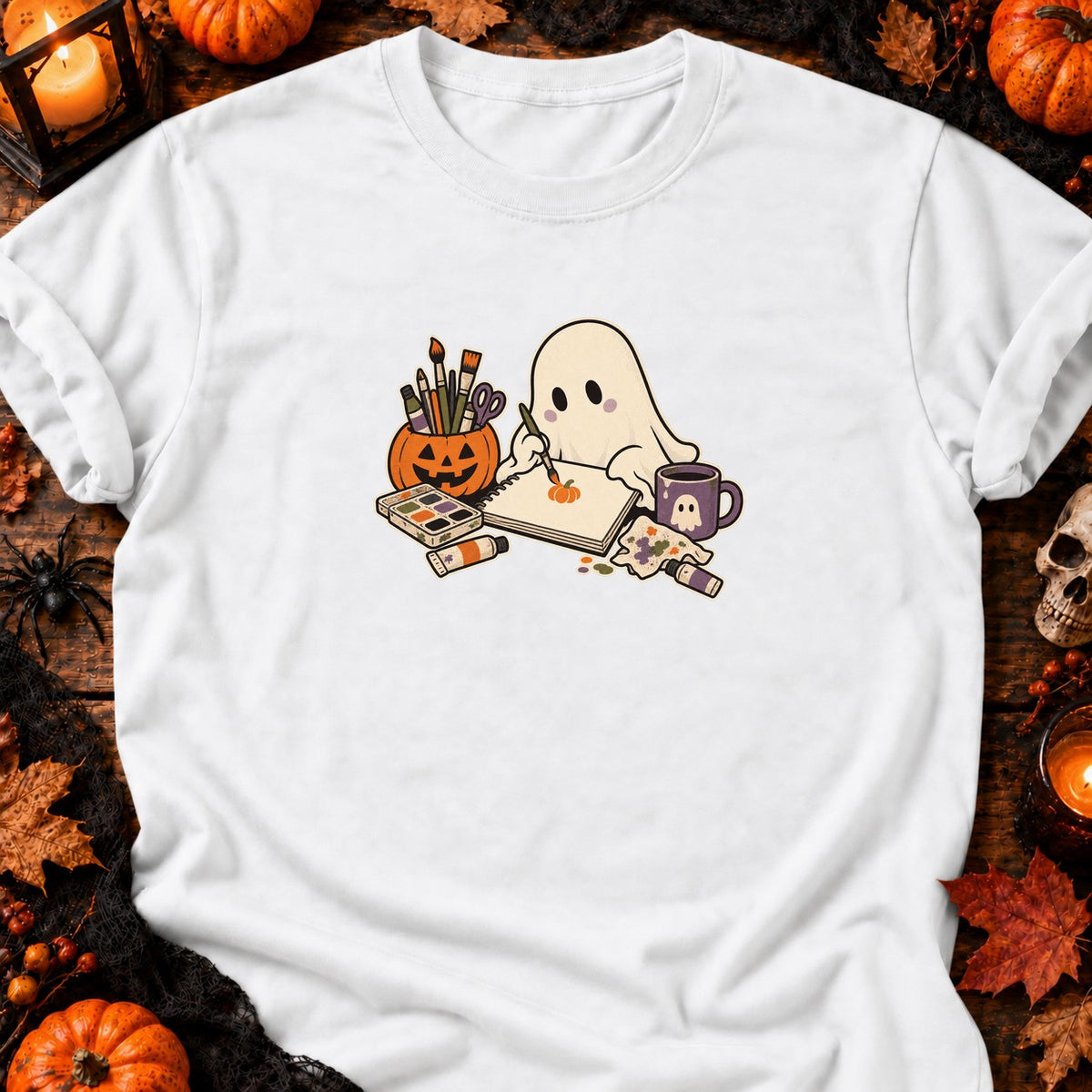 Fantôme peignant une citrouille — T-shirt blanc