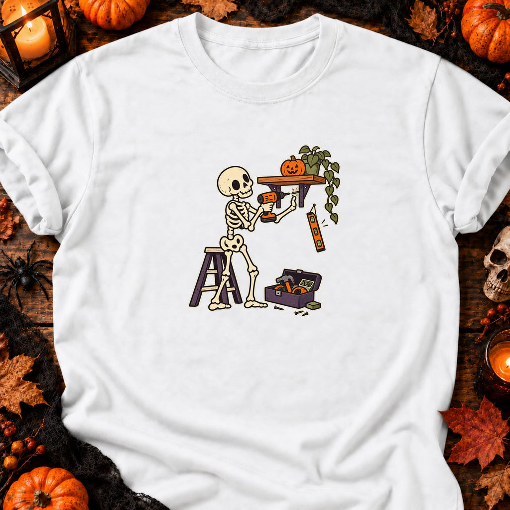 Squelette bricoleur et étagère de travers — T-shirt blanc