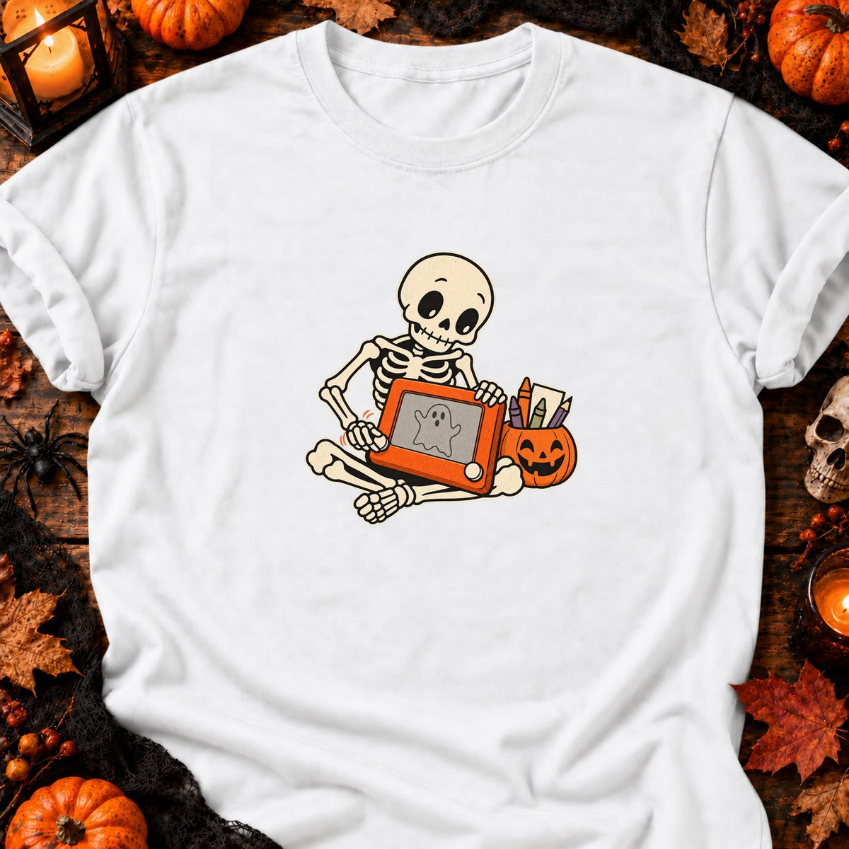 Squelette et tableau magique Halloween — T-shirt blanc
