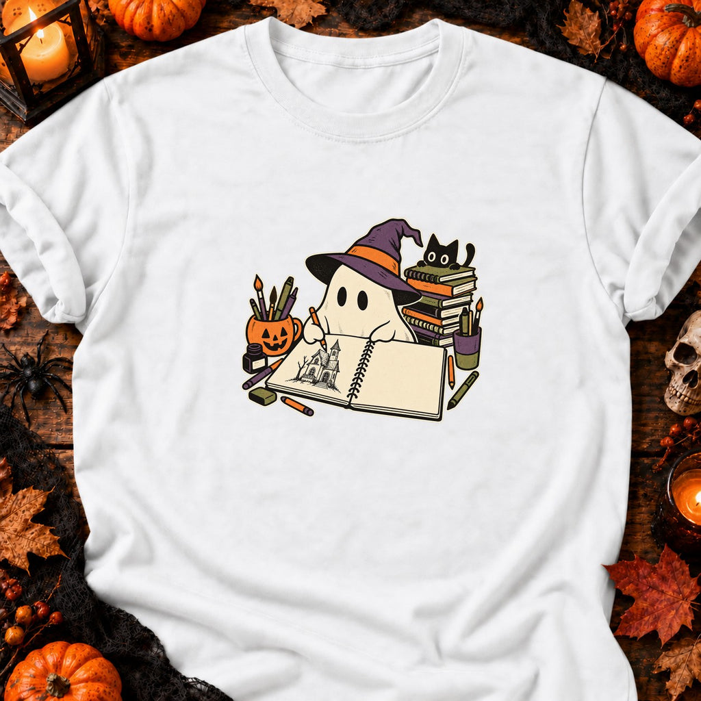 Fantôme dessinateur et carnet vide — T-shirt blanc