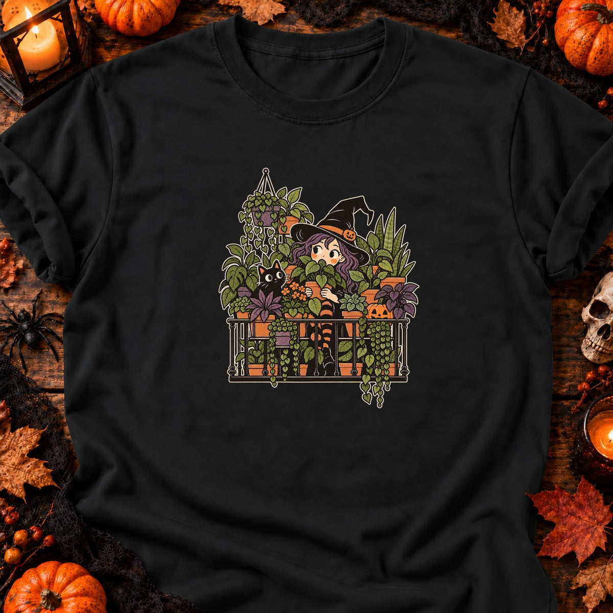 T-shirt Sorcière au balcon et plantes d’Halloween, coloris noir