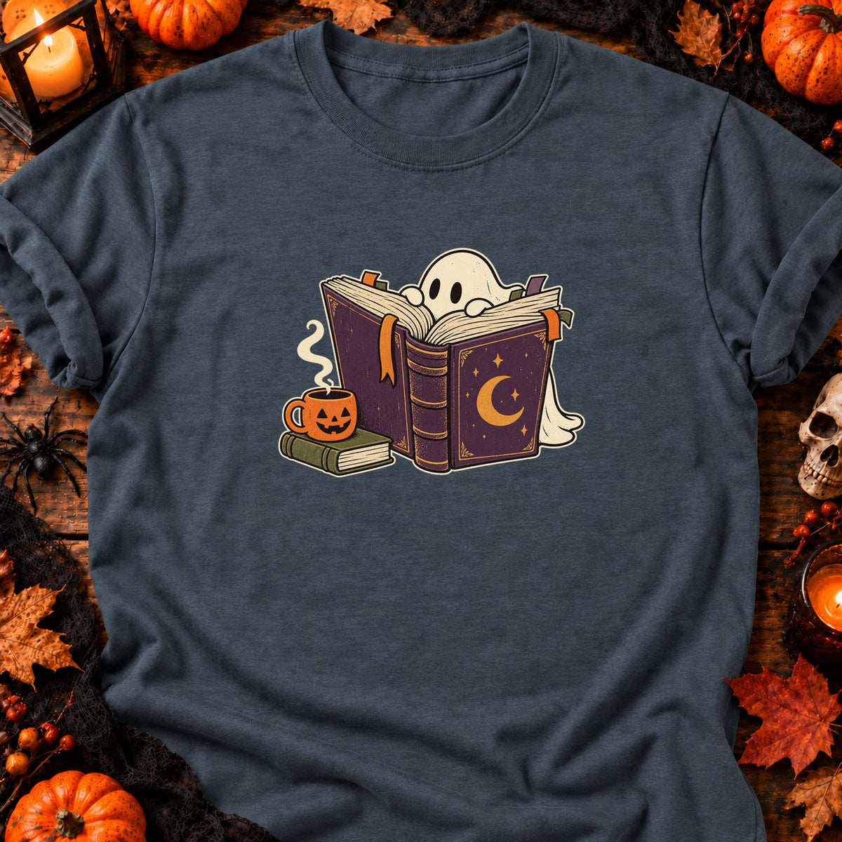 T-shirt Fantôme lecteur et café d’Halloween, coloris gris foncé chiné