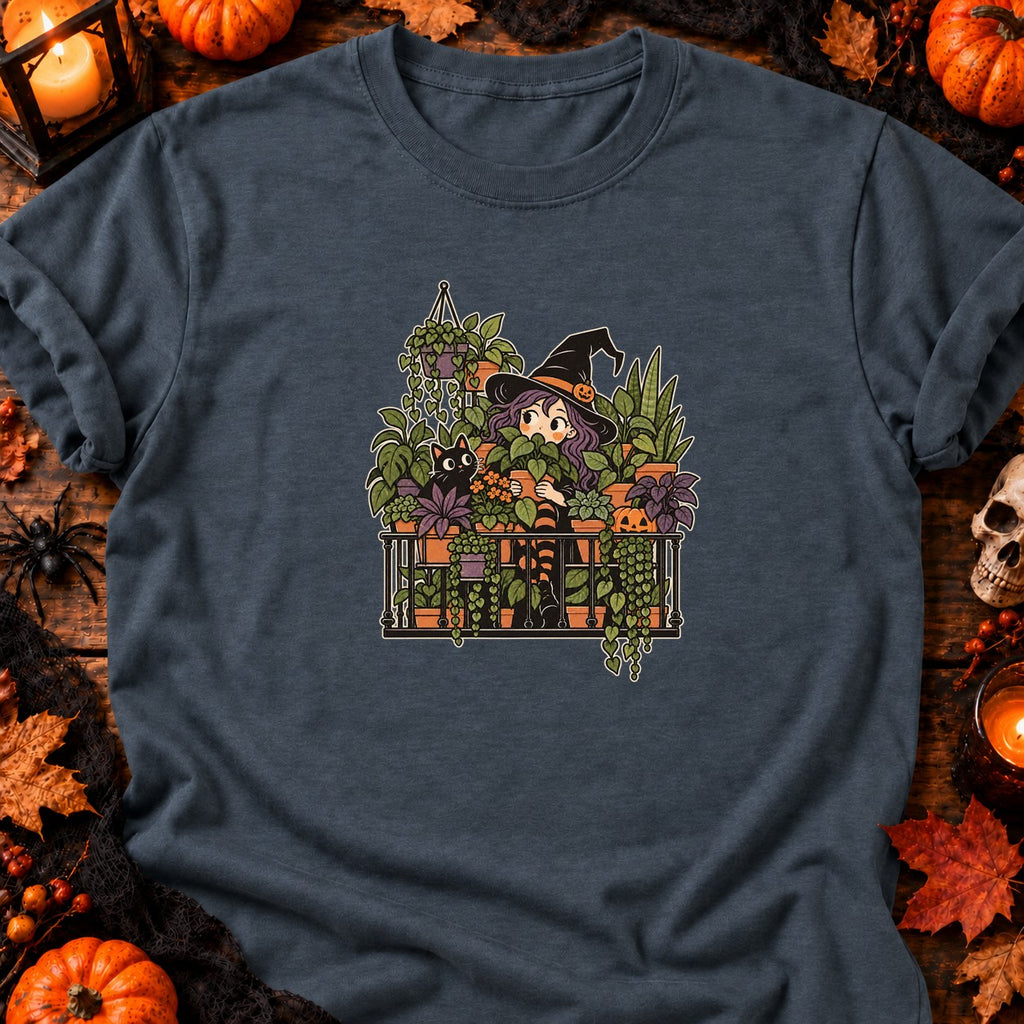 T-shirt Sorcière au balcon et plantes d’Halloween, coloris gris foncé chiné