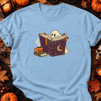 T-shirt Fantôme lecteur et café d’Halloween, coloris bleu clair
