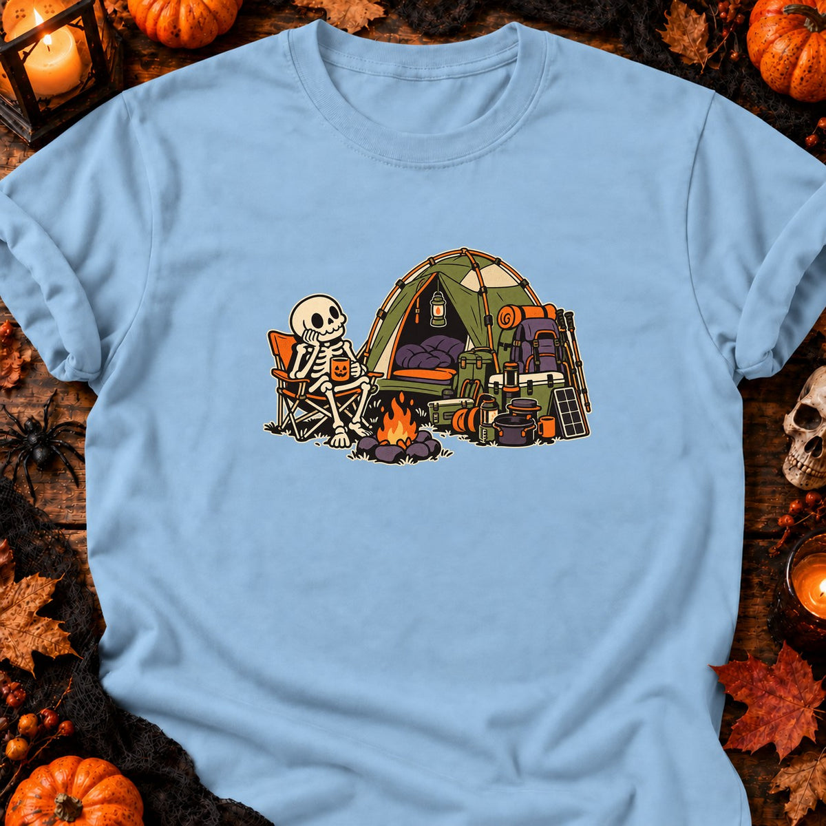 T-shirt Camping squelette Halloween, coloris bleu clair