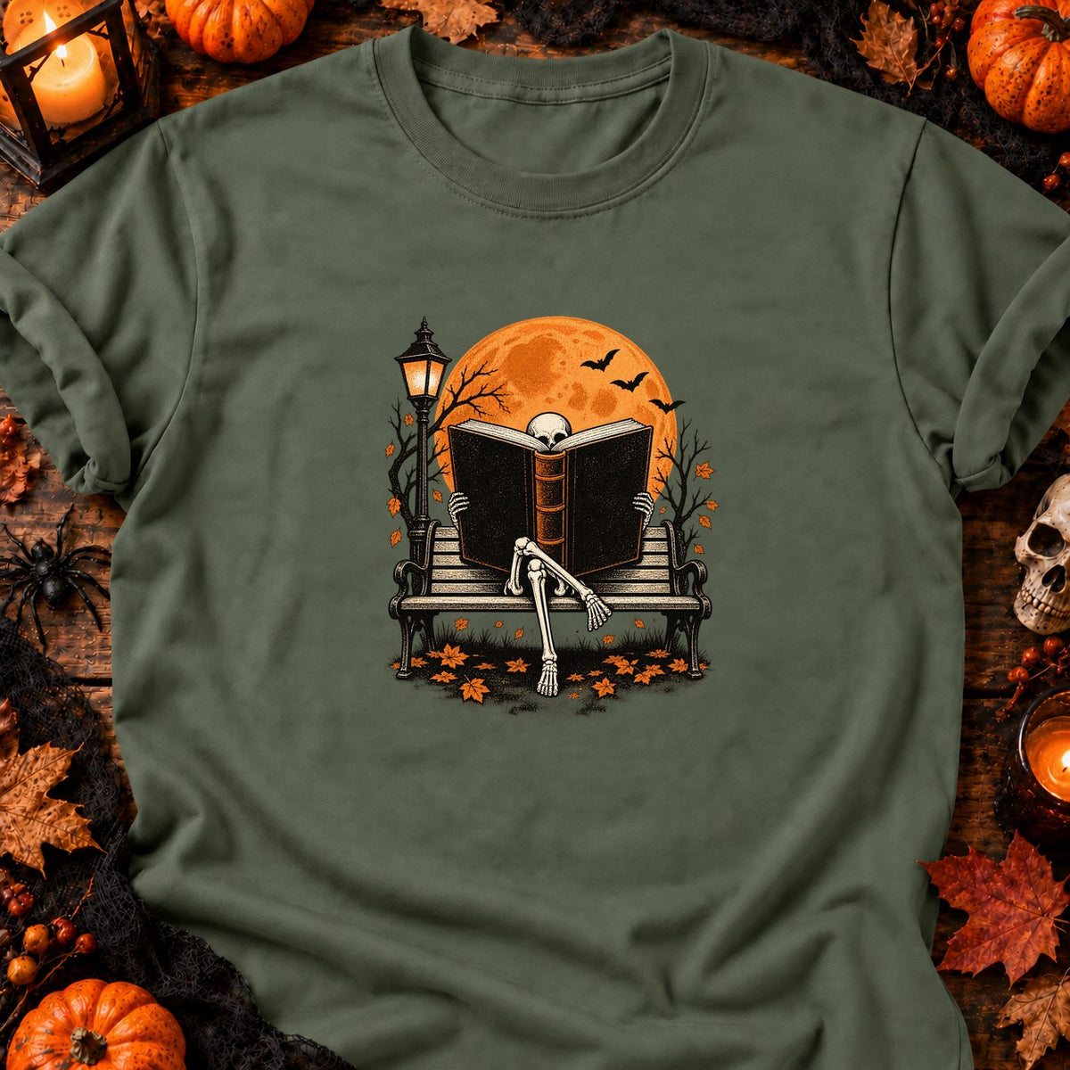 T-shirt Squelette lecteur sur banc, coloris vert militaire