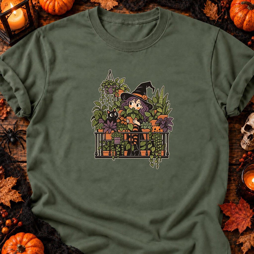 T-shirt Sorcière au balcon et plantes d’Halloween, coloris vert militaire
