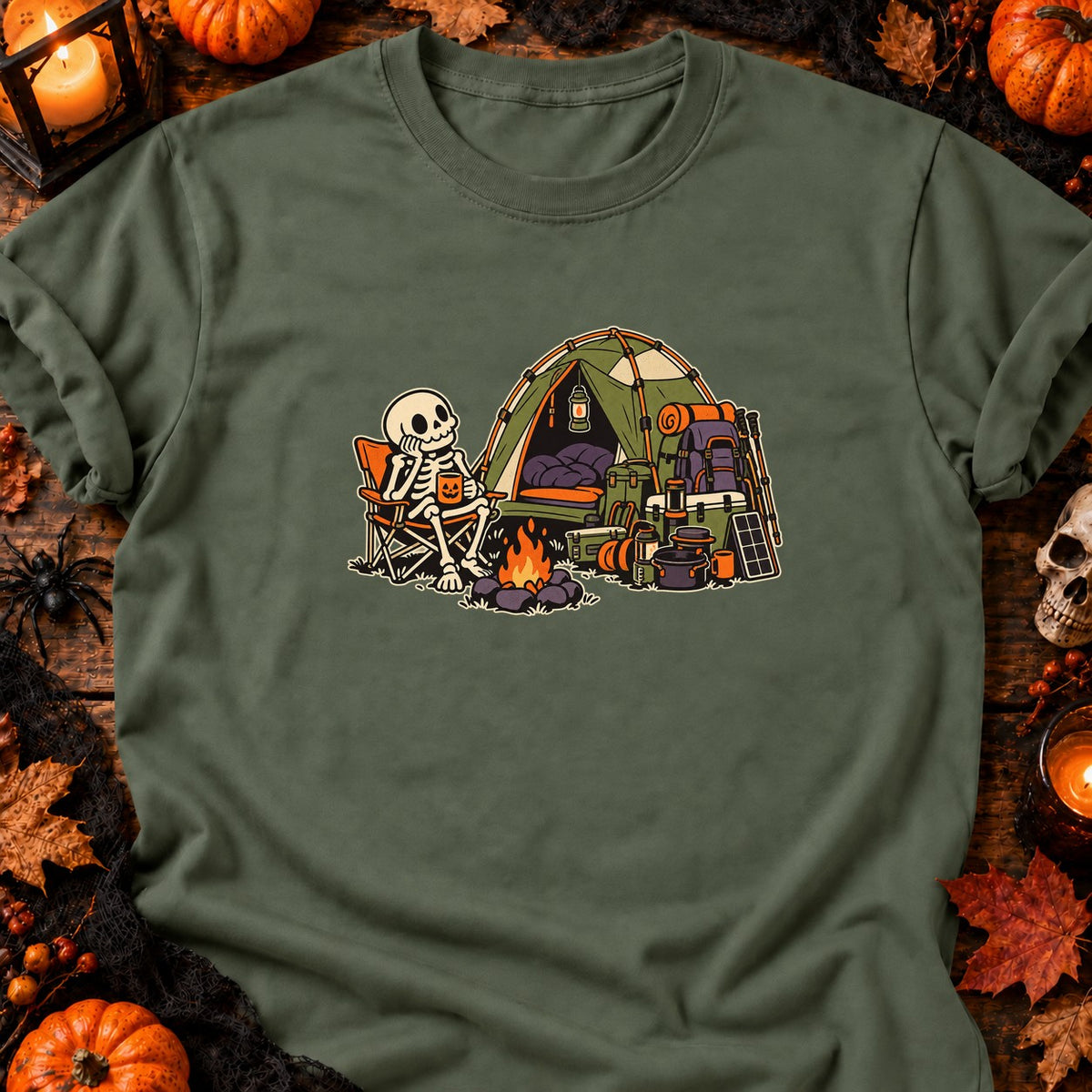 T-shirt Camping squelette Halloween, coloris vert militaire