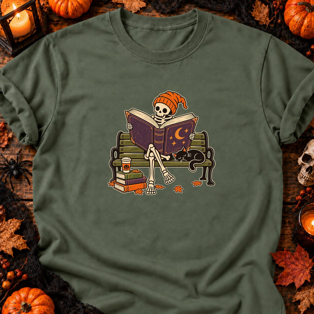 T-shirt Squelette lecteur sur banc parc, coloris vert militaire