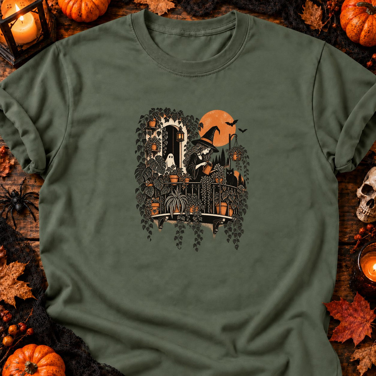T-shirt Sorcière au balcon jungle, coloris vert militaire