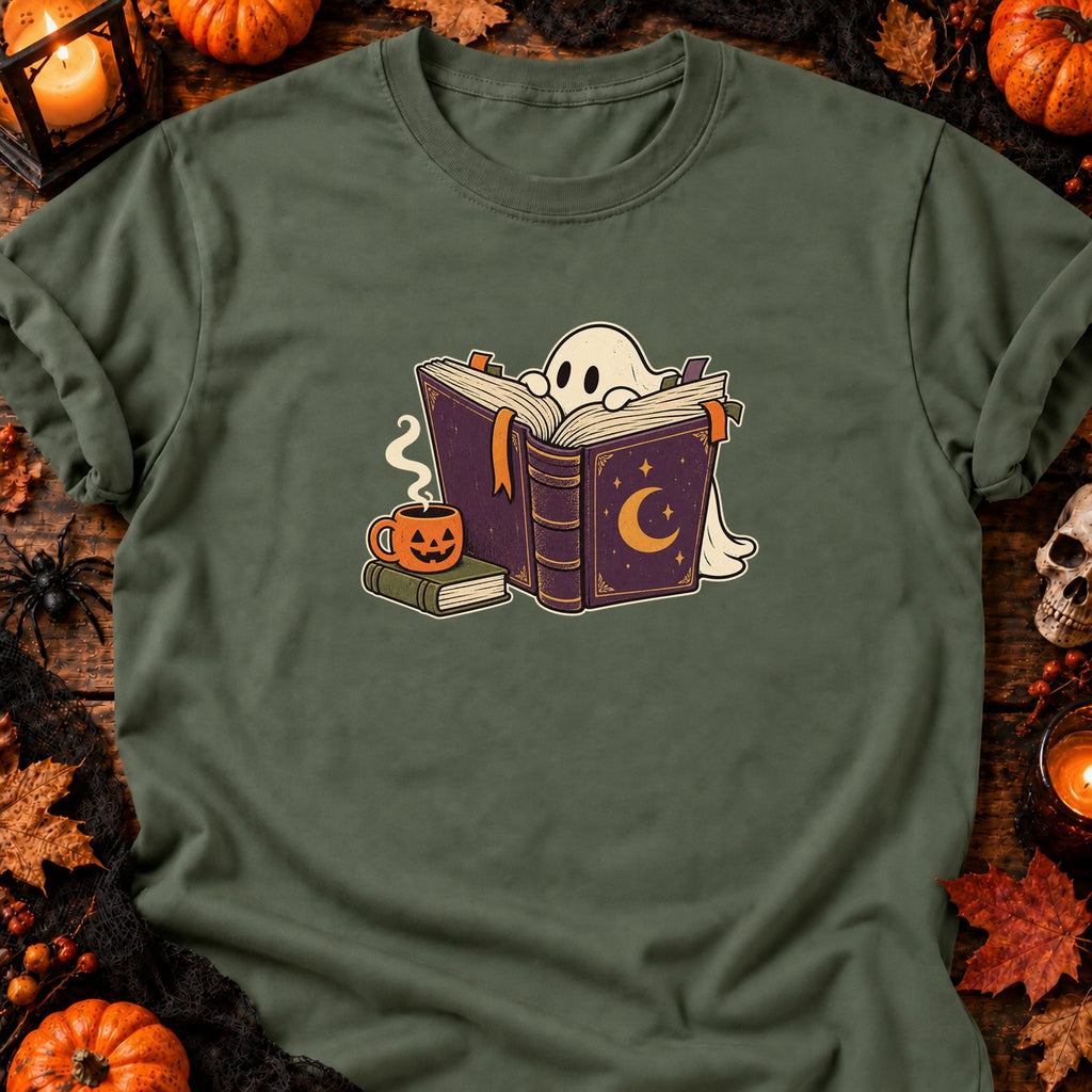 T-shirt Fantôme lecteur et café d’Halloween, coloris vert militaire