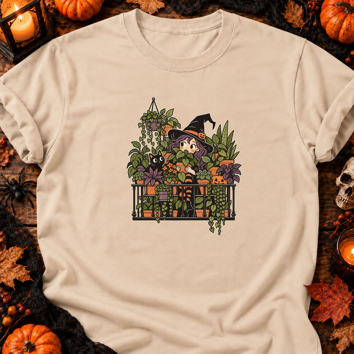 T-shirt Sorcière au balcon et plantes d’Halloween, coloris naturel