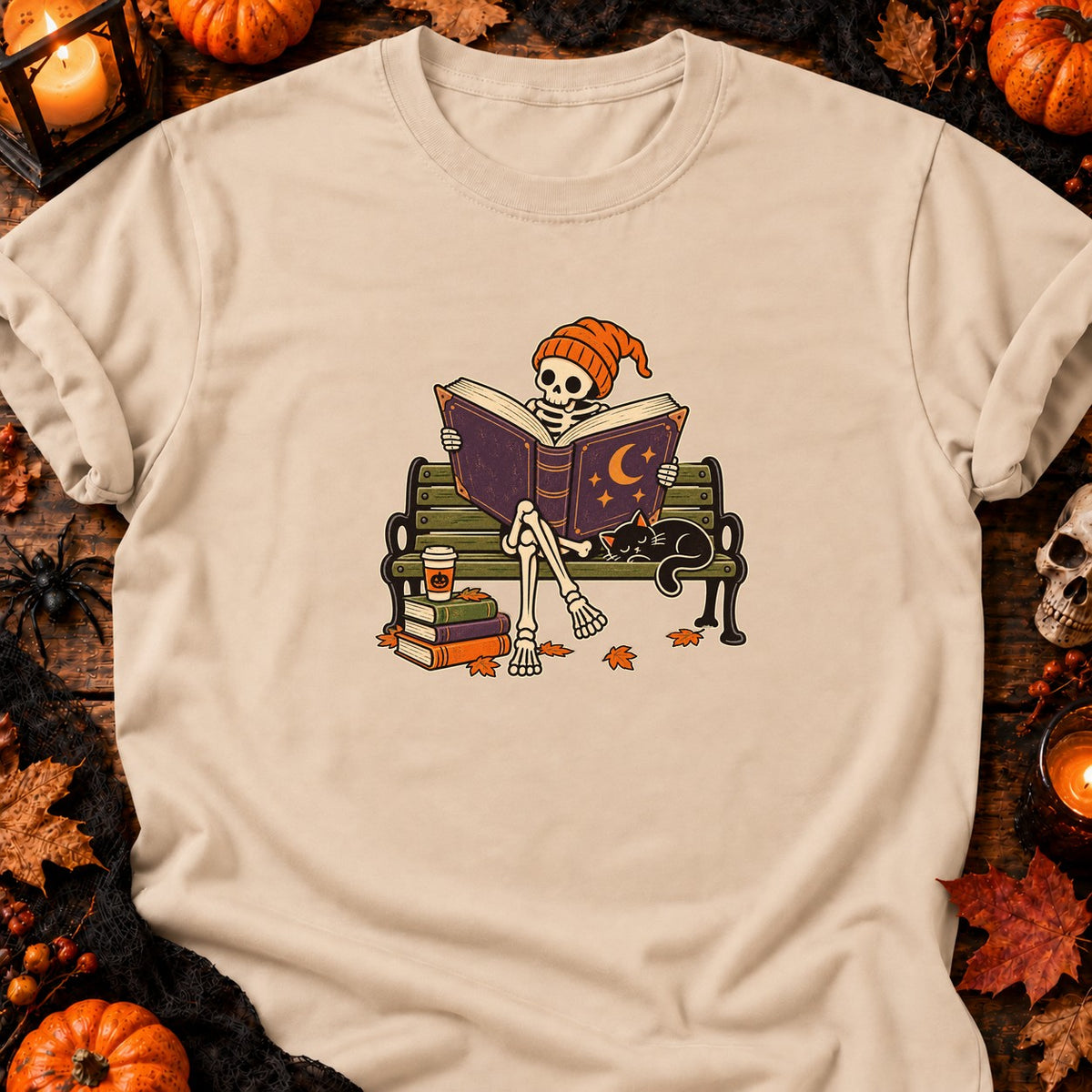 T-shirt Squelette lecteur sur banc parc, coloris naturel