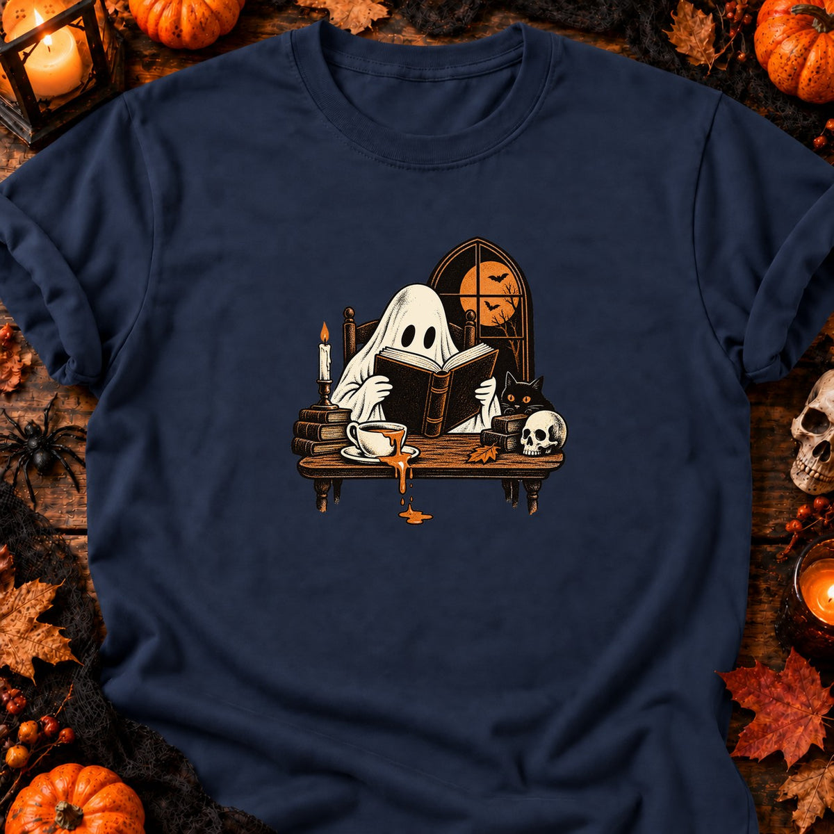 T-shirt Fantôme lecteur et café renversé, coloris bleu marine