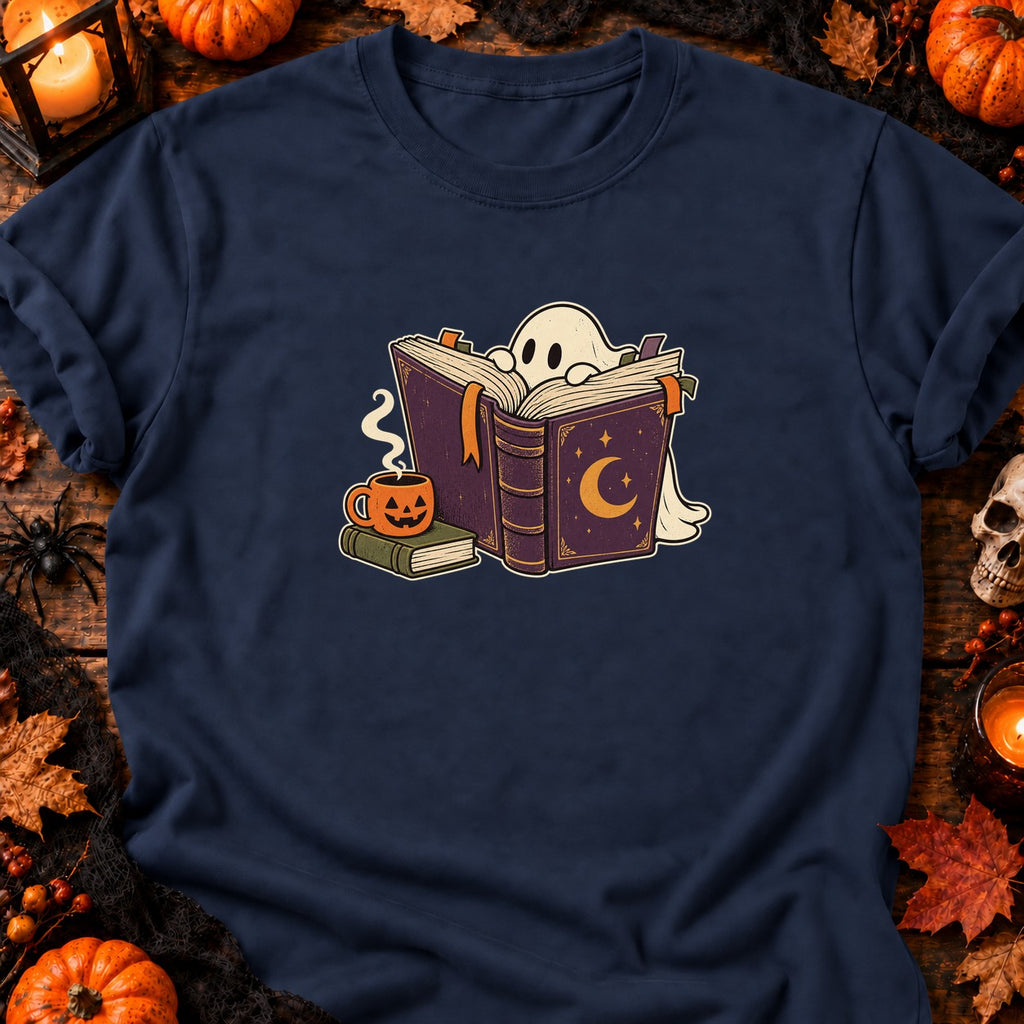 T-shirt Fantôme lecteur et café d’Halloween, coloris bleu marine