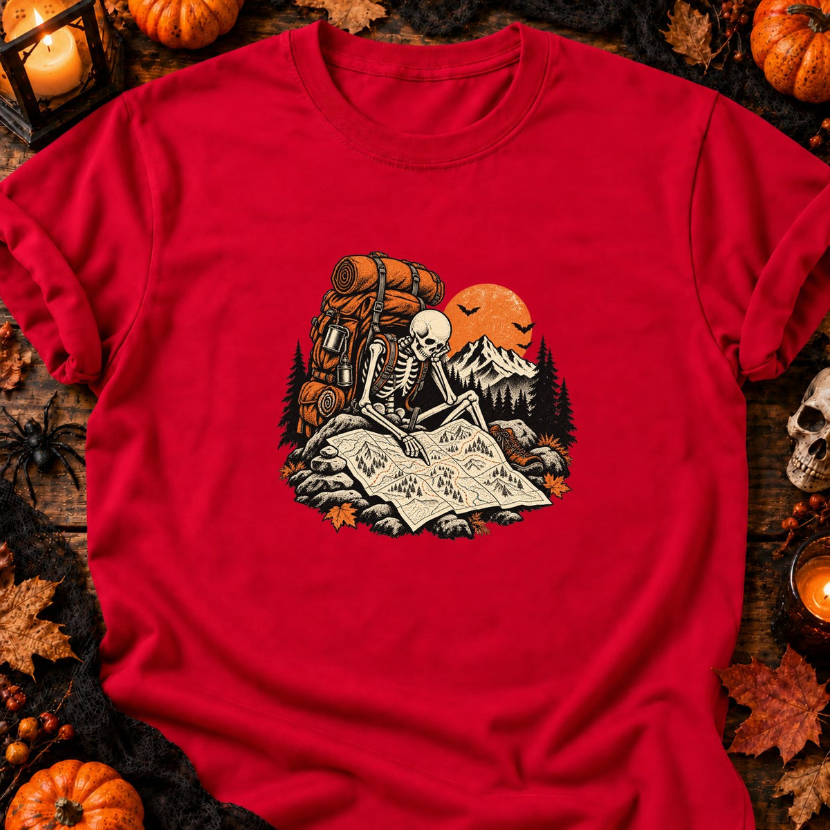 T-shirt Squelette randonneur carte trail, coloris rouge