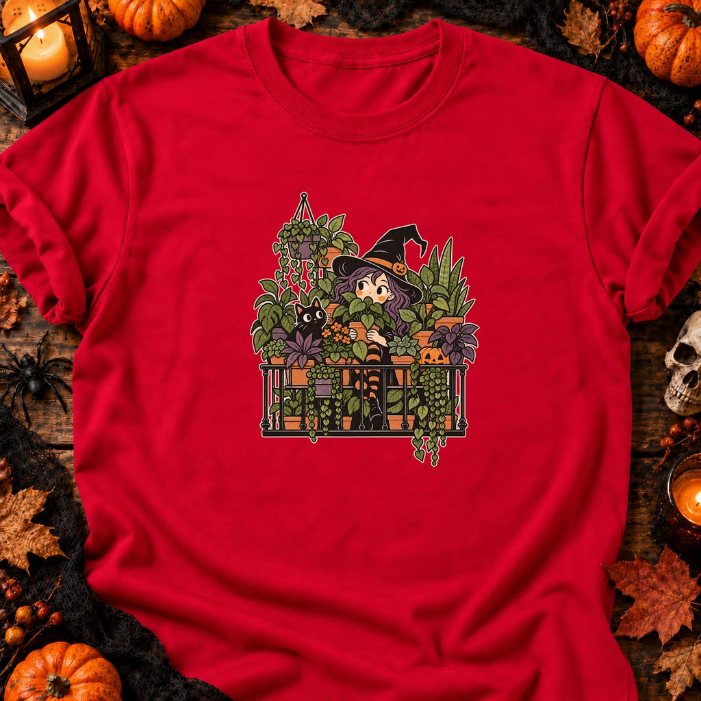 T-shirt Sorcière au balcon et plantes d’Halloween, coloris rouge