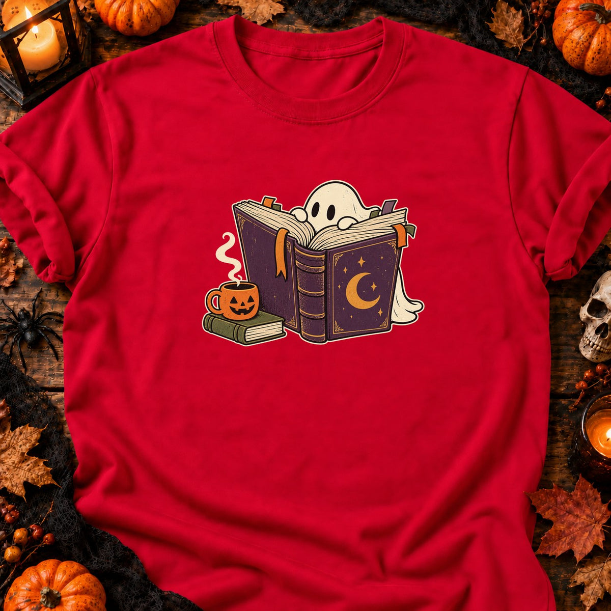 T-shirt Fantôme lecteur et café d’Halloween, coloris rouge