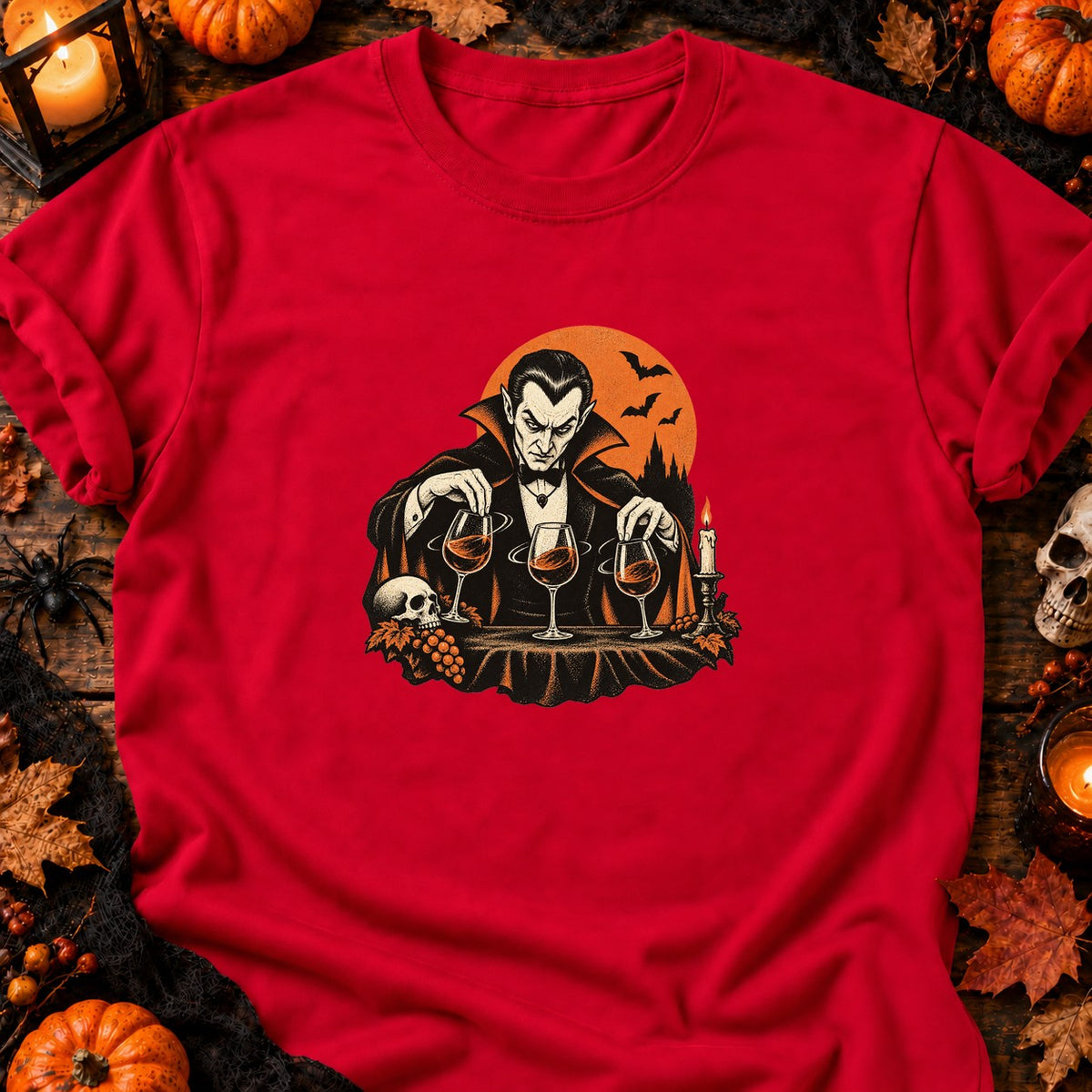 T-shirt Vampire et verres de vin, coloris rouge