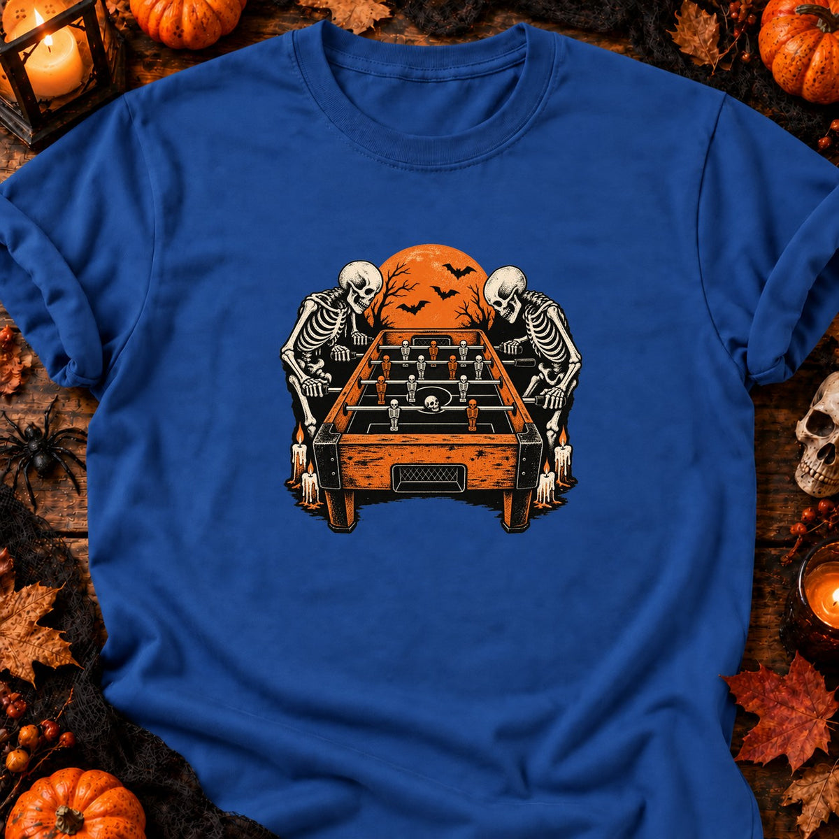 T-shirt Baby-foot squelette vintage, coloris bleu roi