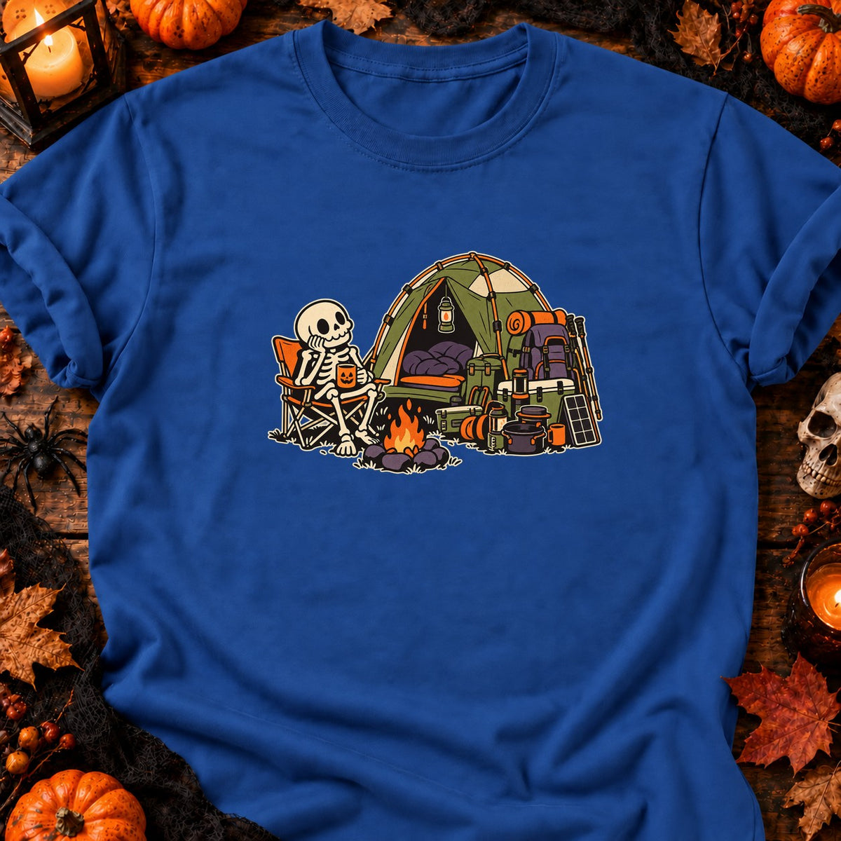 T-shirt Camping squelette Halloween, coloris bleu roi