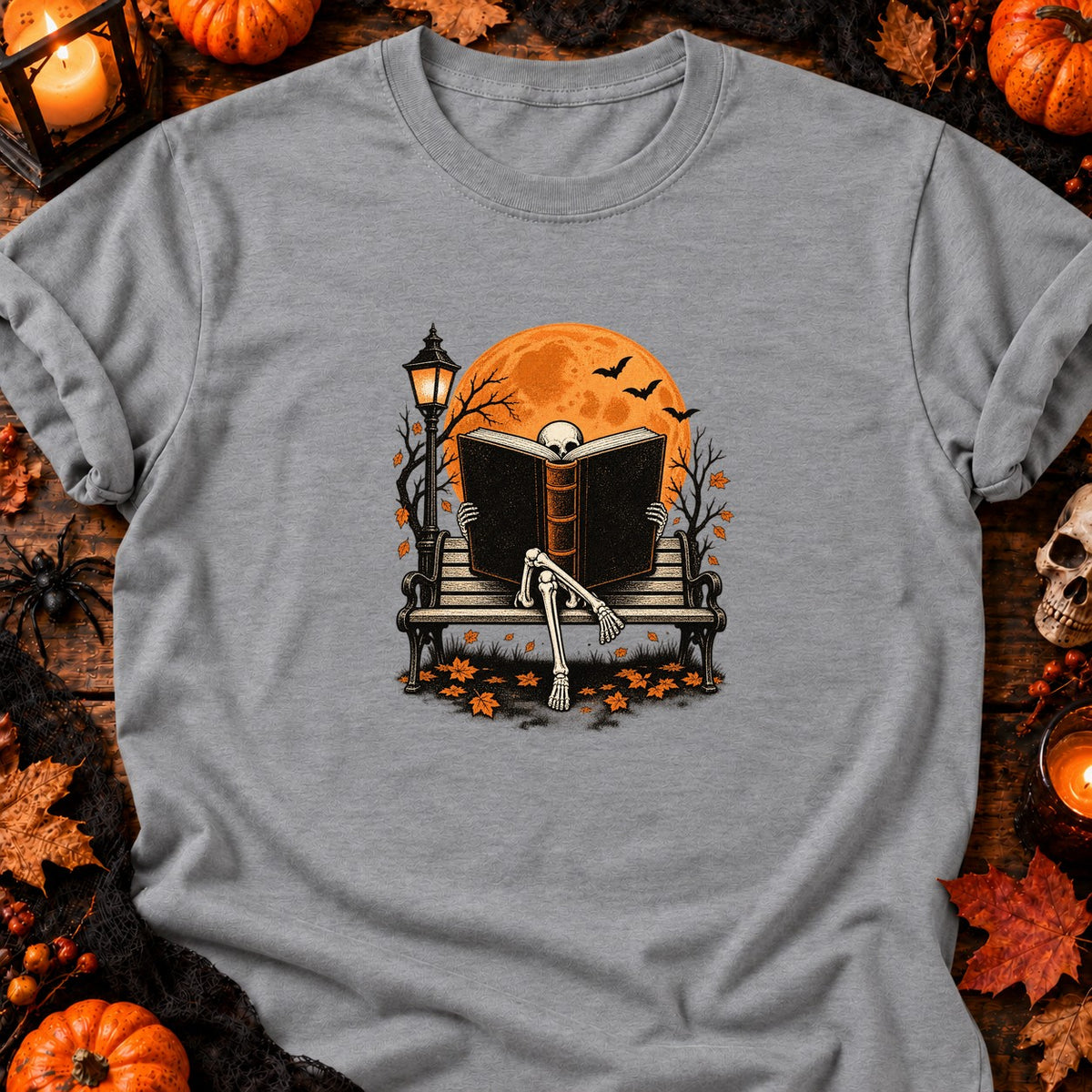 T-shirt Squelette lecteur sur banc, coloris gris sport