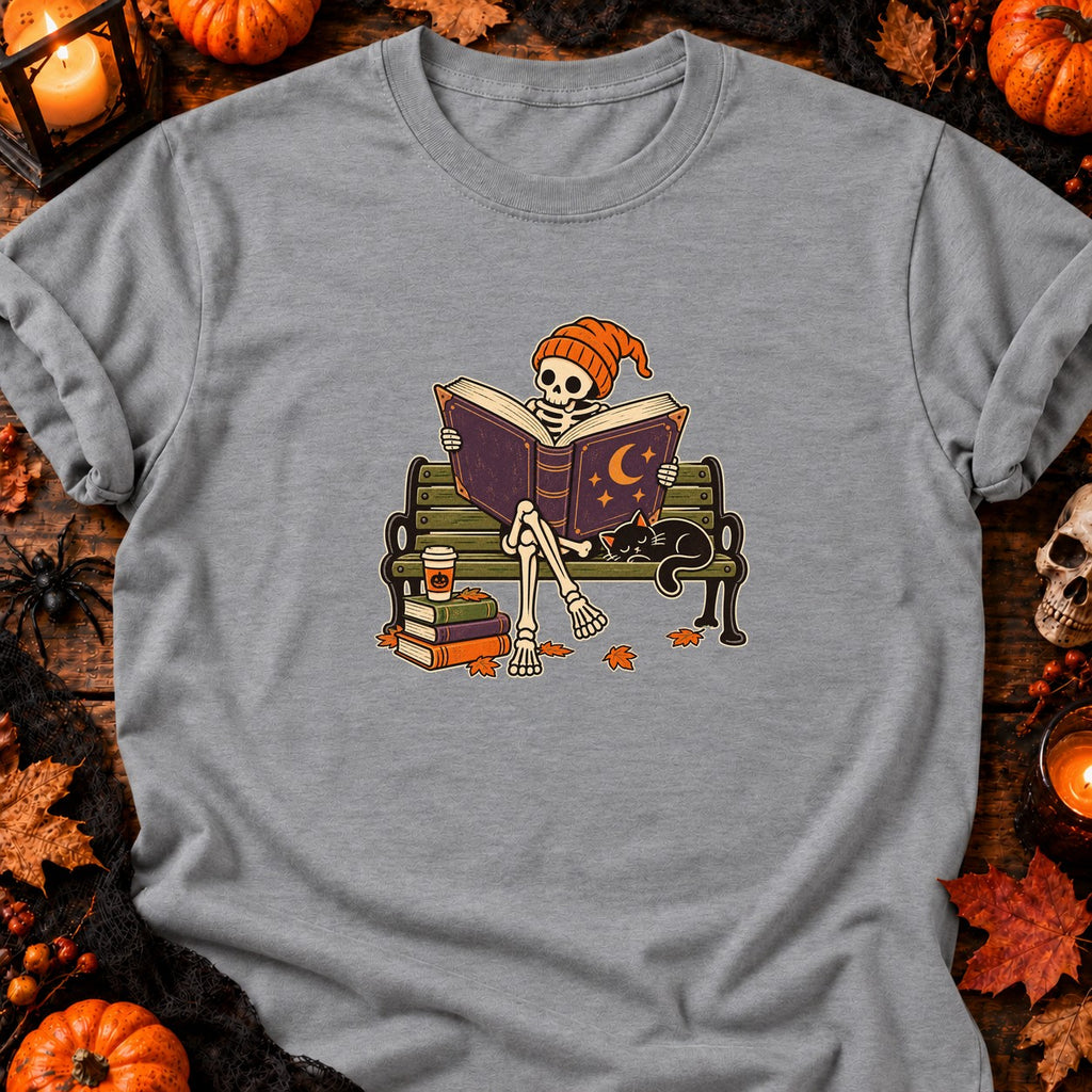 T-shirt Squelette lecteur sur banc parc, coloris gris sport