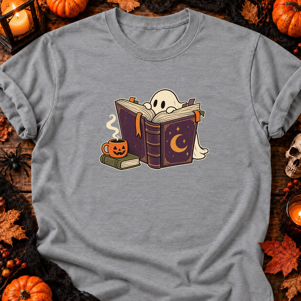 T-shirt Fantôme lecteur et café d’Halloween, coloris gris sport