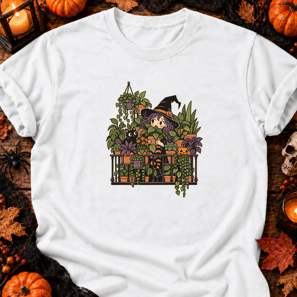 T-shirt Sorcière au balcon et plantes d’Halloween, coloris blanc