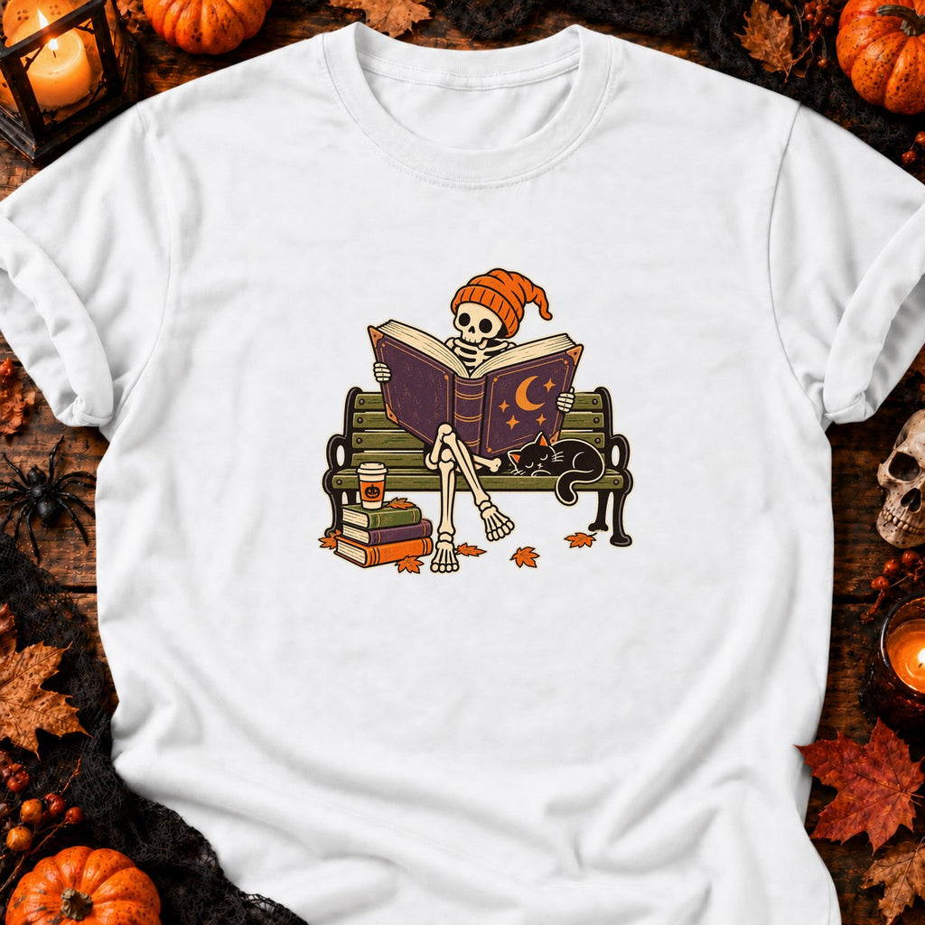 T-shirt Squelette lecteur sur banc parc, coloris blanc
