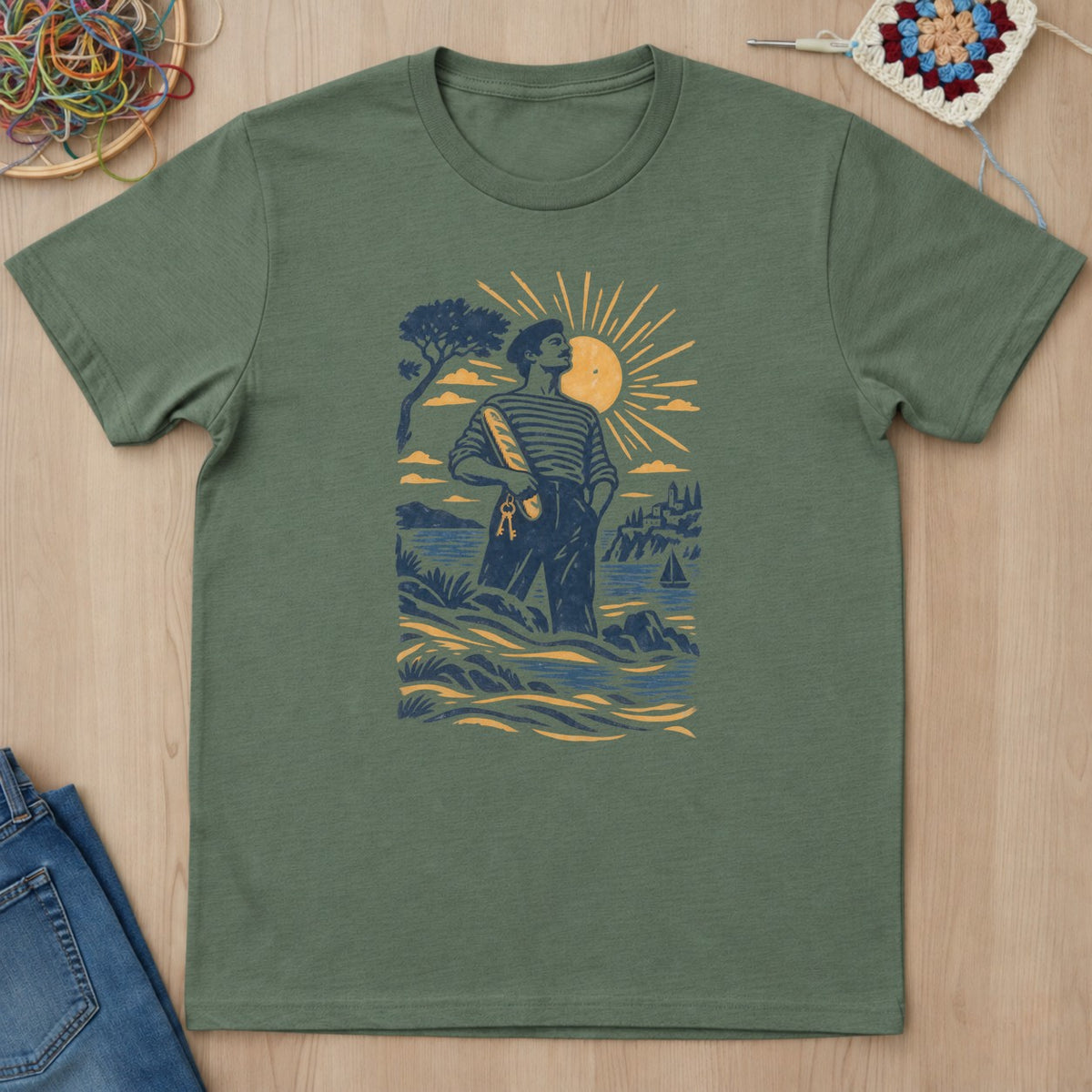 T-shirt vert militaire présenté à plat