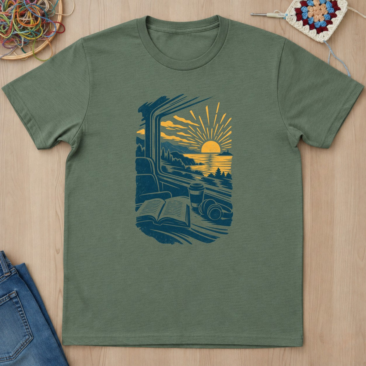 T-shirt vert militaire présenté à plat