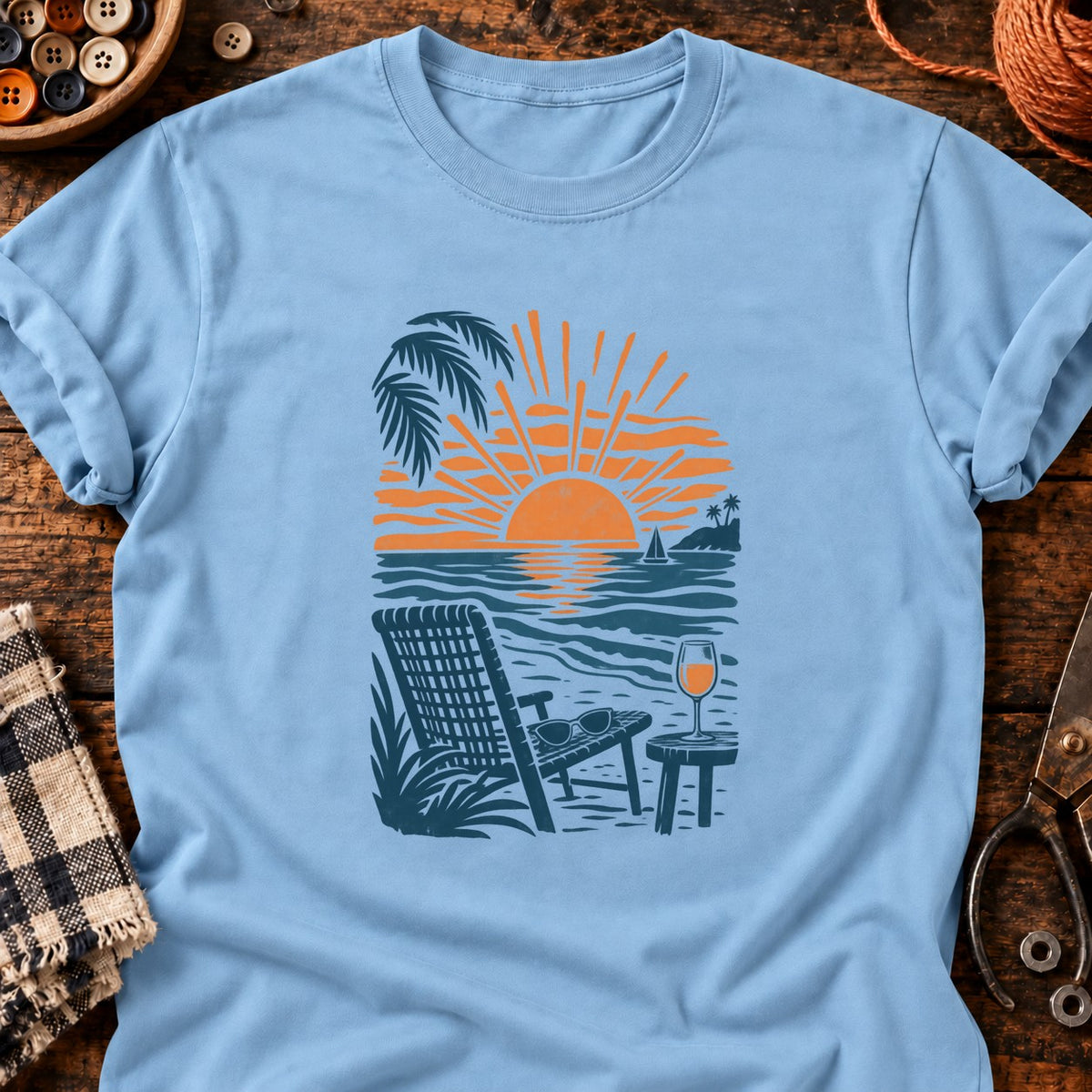 T-shirt Coucher de soleil au vin, coloris bleu clair