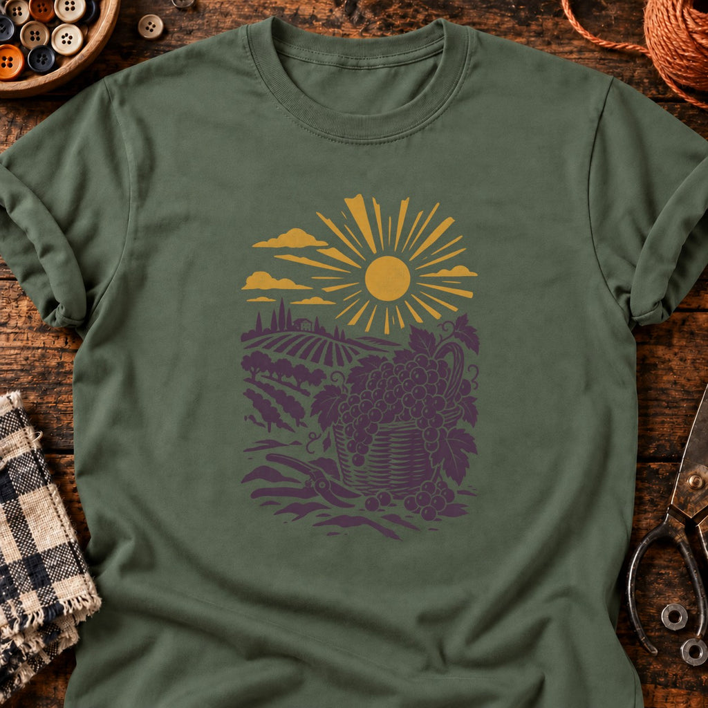 T-shirt Panier de vendanges en linogravure, coloris vert militaire