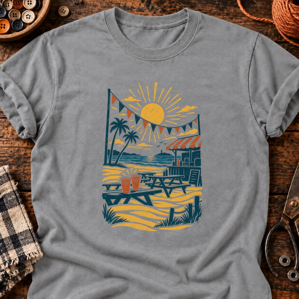 T-shirt Plage et buvette en linogravure, coloris gris sport