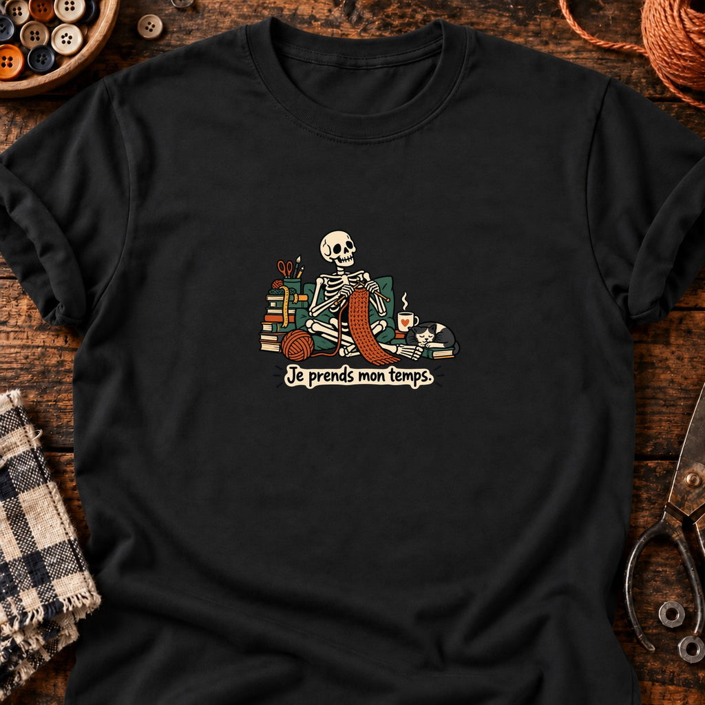 Squelette tricoteur — Je prends mon temps — T-shirt noir