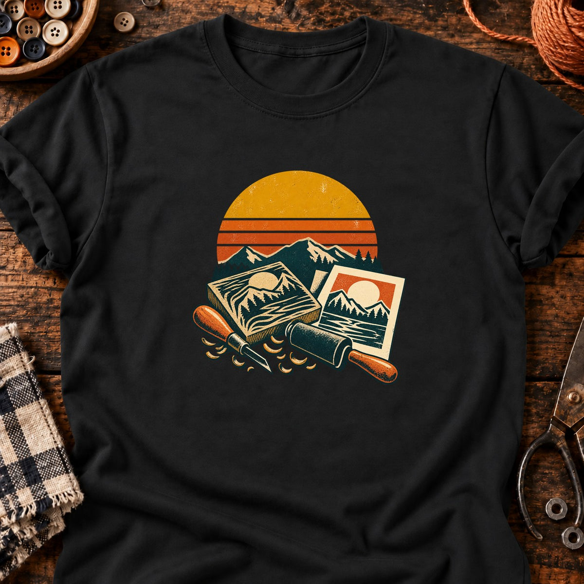 Kit de linogravure paysage coucher de soleil T-Shirt — T-shirt Black