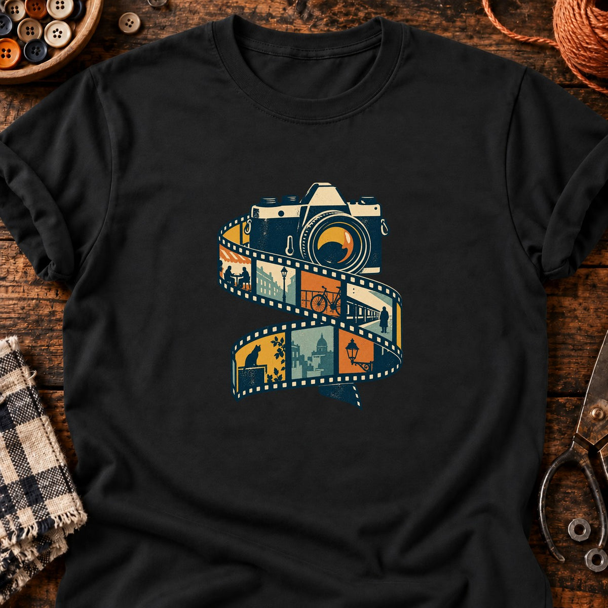 Appareil photo rétro et pellicule urbaine — T-shirt noir