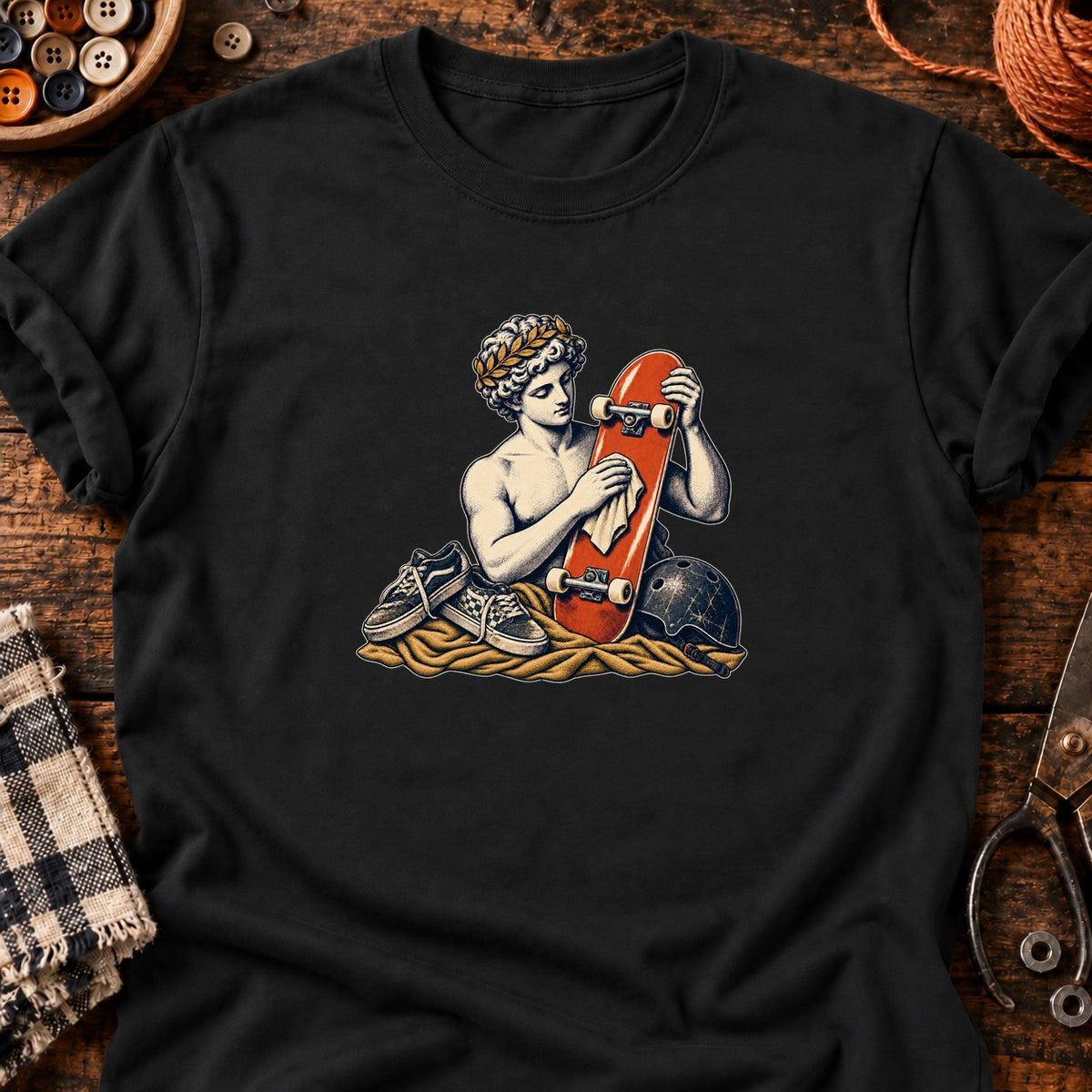 Skateur antique et chaussures usées — T-shirt noir