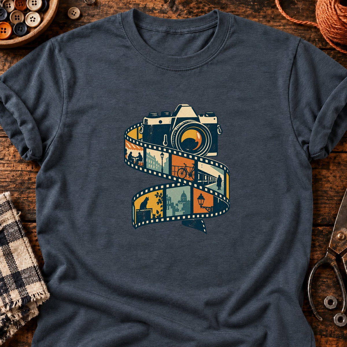 Appareil photo rétro et pellicule urbaine — T-shirt gris anthracite chiné