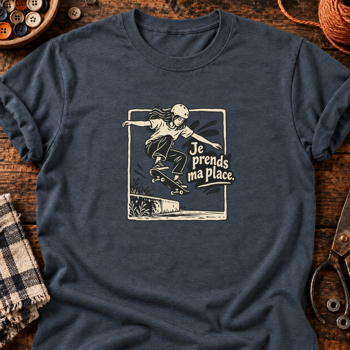 Skateuse en ollie Je prends ma place — T-shirt gris anthracite chiné