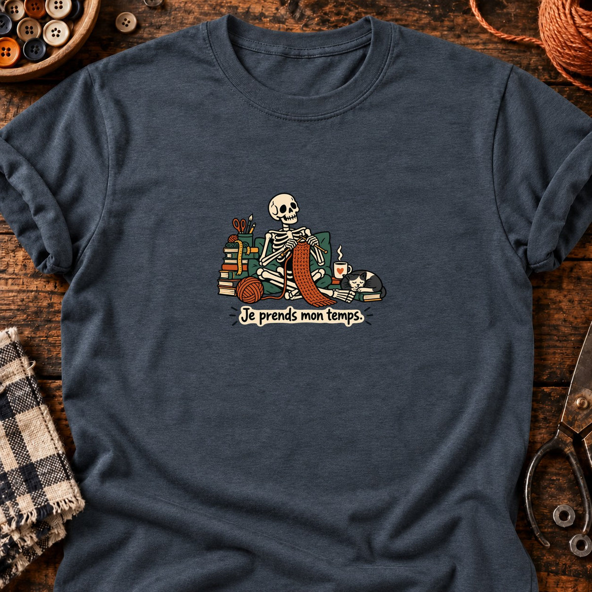 Squelette tricoteur — Je prends mon temps — T-shirt gris anthracite chiné